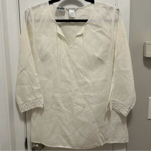 Richard Malcolm 100% Irish Linen Ivory Tunic Crochet Knit 3/4 Sleeve Shirt Sz M